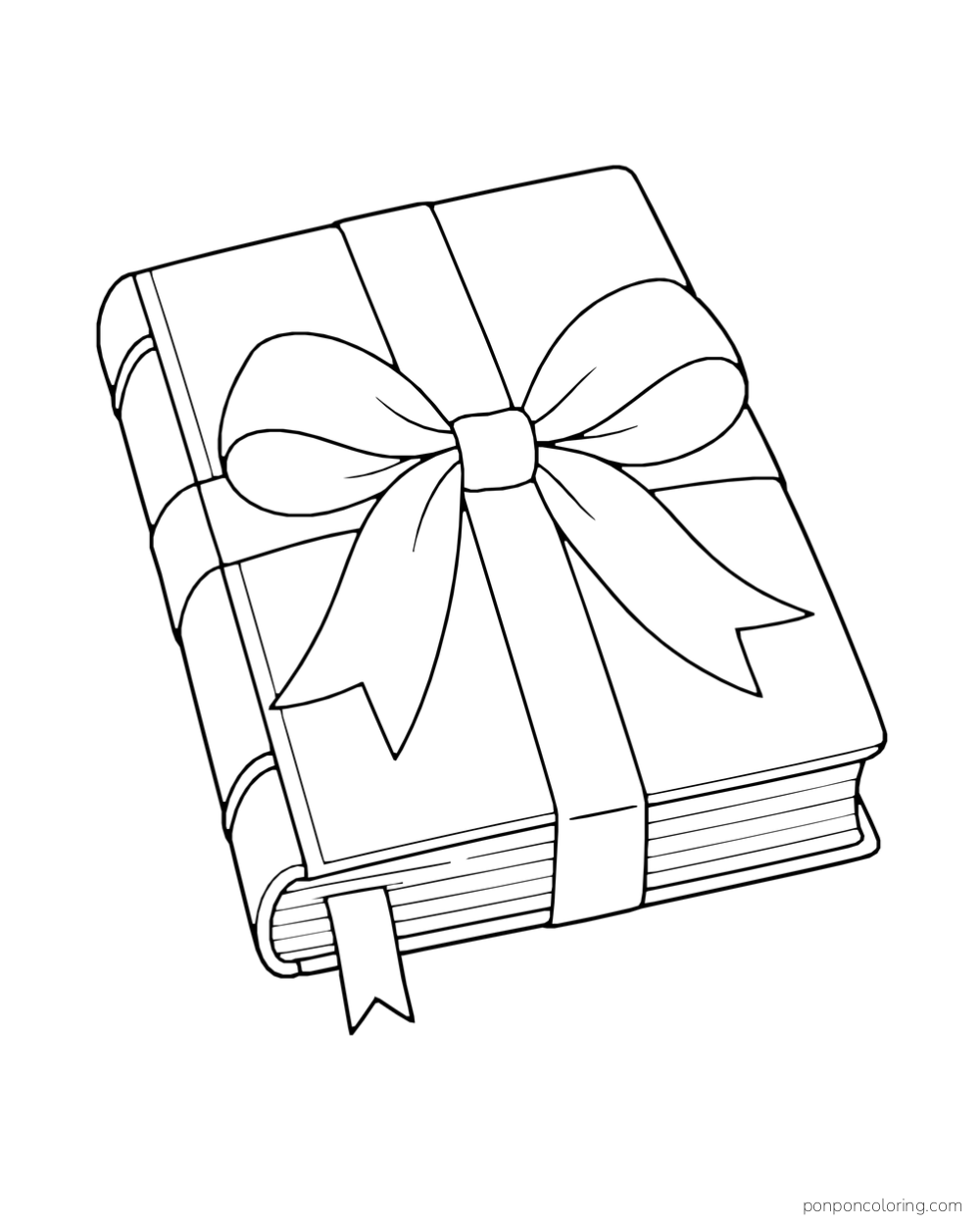 A single closed book tied with a wide bow and ribbon bookmark.
