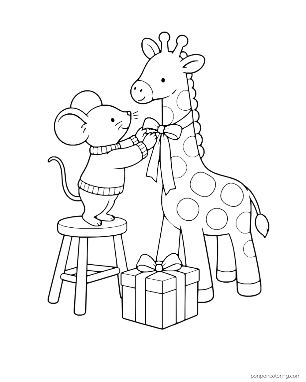 A mouse on a stool ties a bow around a toy giraffe beside a wrapped gift.
