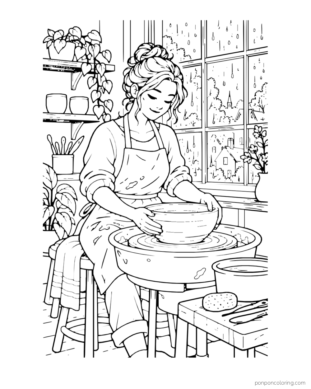A potter shapes a bowl at a wheel beside a rainy studio window.