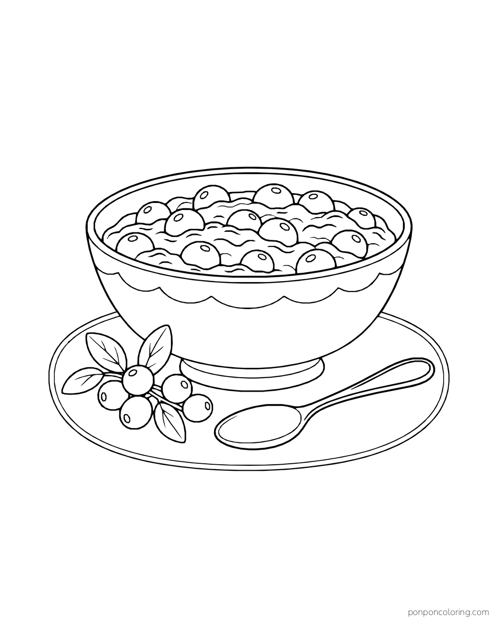A bowl of round cranberries sits on a tray beside a spoon and berry sprig.