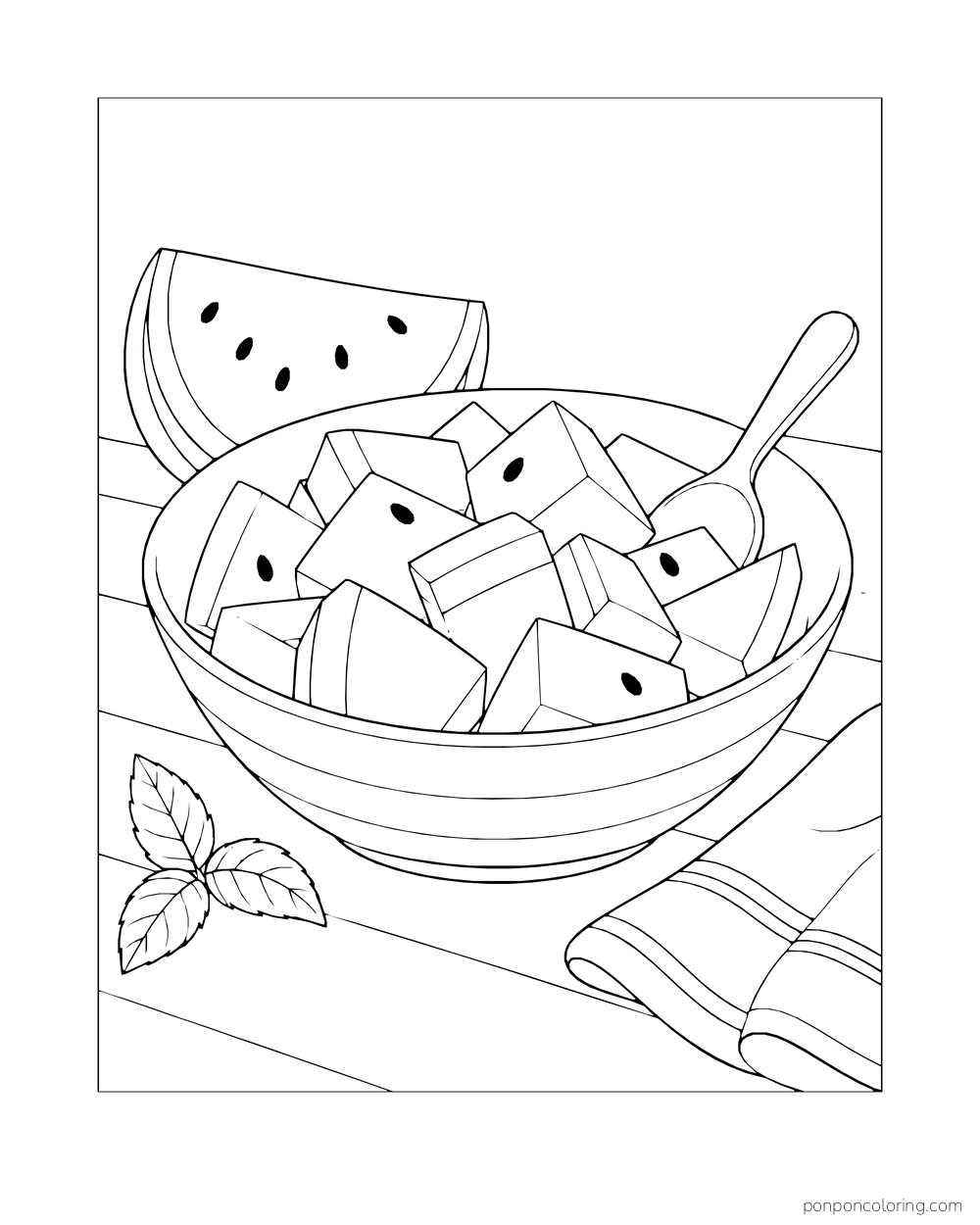 A bowl of watermelon cubes with a spoon, another wedge, a leaf, and a folded napkin.