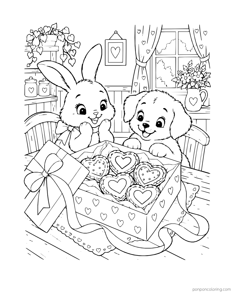 A rabbit and puppy look into a gift box of heart-shaped bakery biscuits.