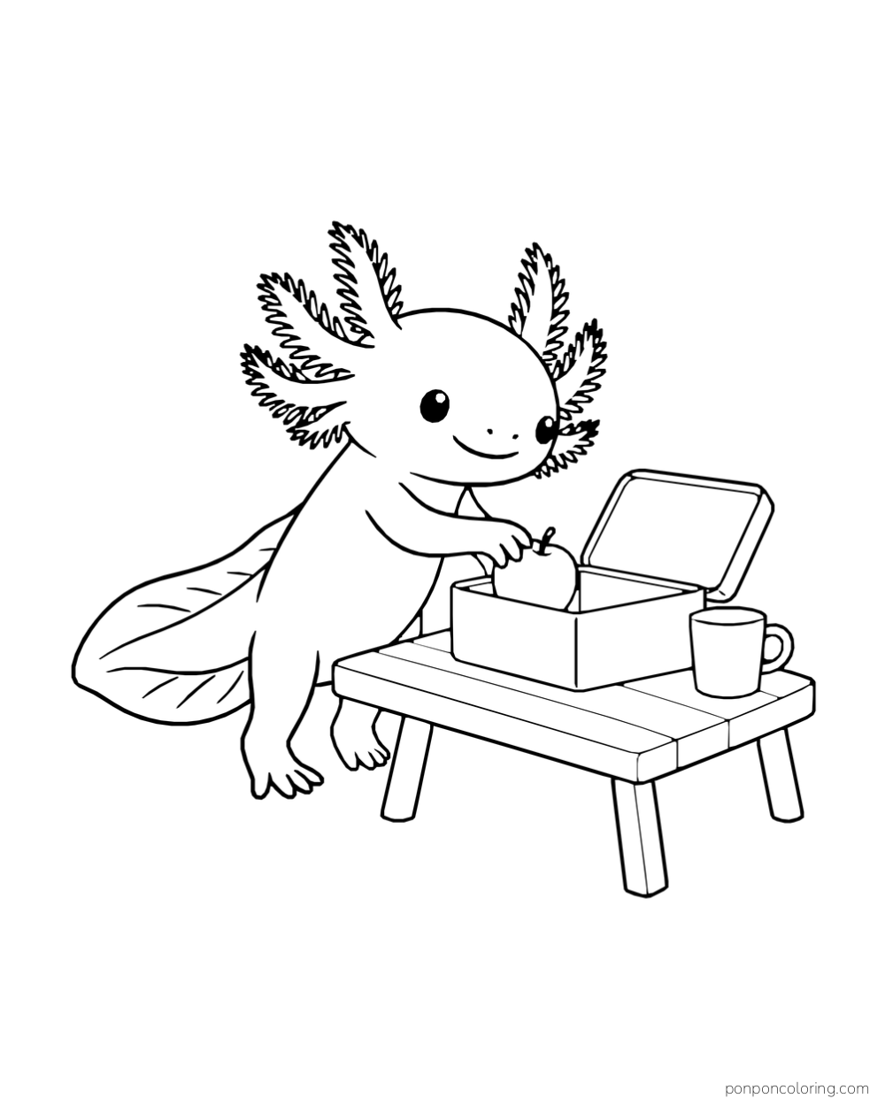 Axolotl reaching into an open box on a small table beside a cup.
