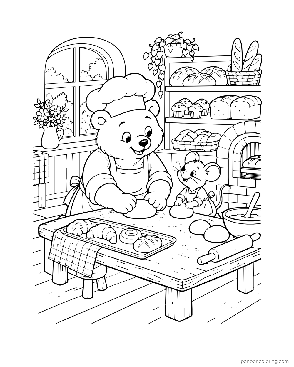 A bear baker teaches a mouse to shape dough at a flour-dusted table.