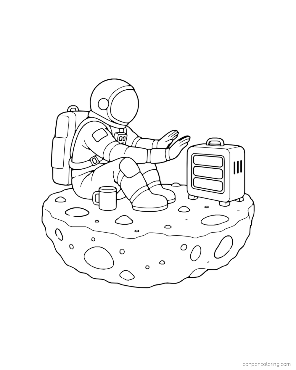 An astronaut sits beside a small heater on a rounded patch of rock.