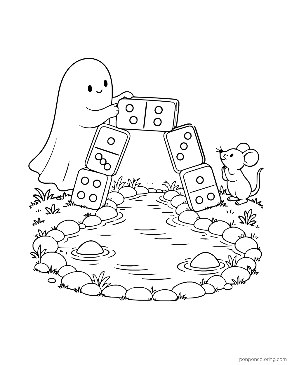 A ghost and a mouse stand beside a domino bridge above a stream.