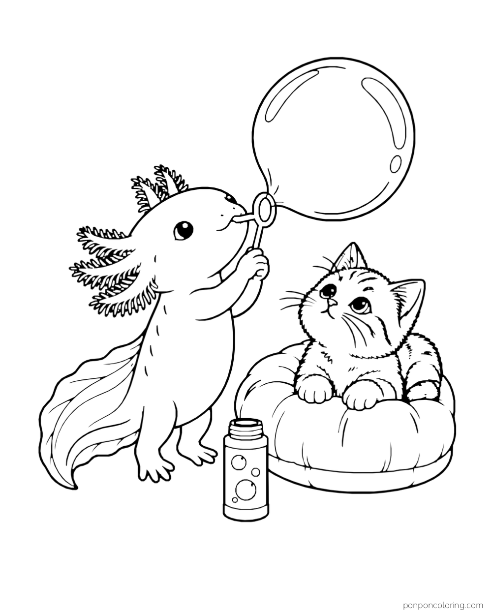 Axolotl blowing a large bubble beside a kitten resting on a cushion.