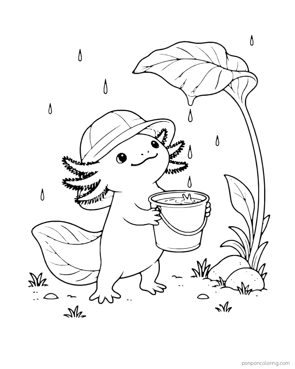 Axolotl in a cap holding a bucket beneath a large leaf while raindrops fall.