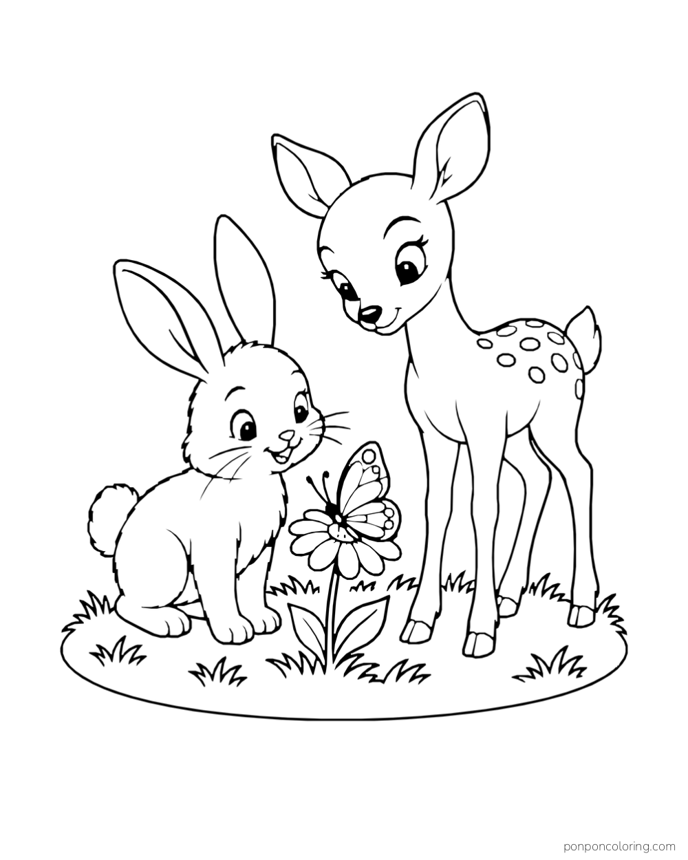 A rabbit and a fawn look toward a butterfly on a low flower.