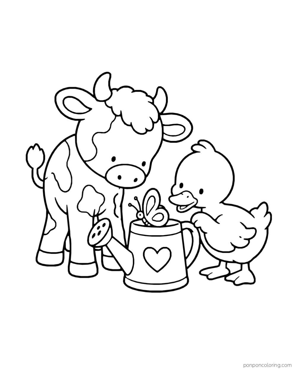 A calf and duck watch a butterfly perched on a watering can.