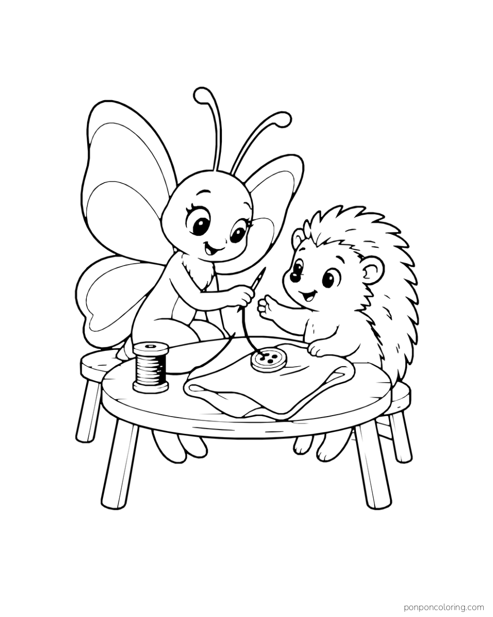 A butterfly offers a needle to a hedgehog beside a button and folded cloth on a low table.