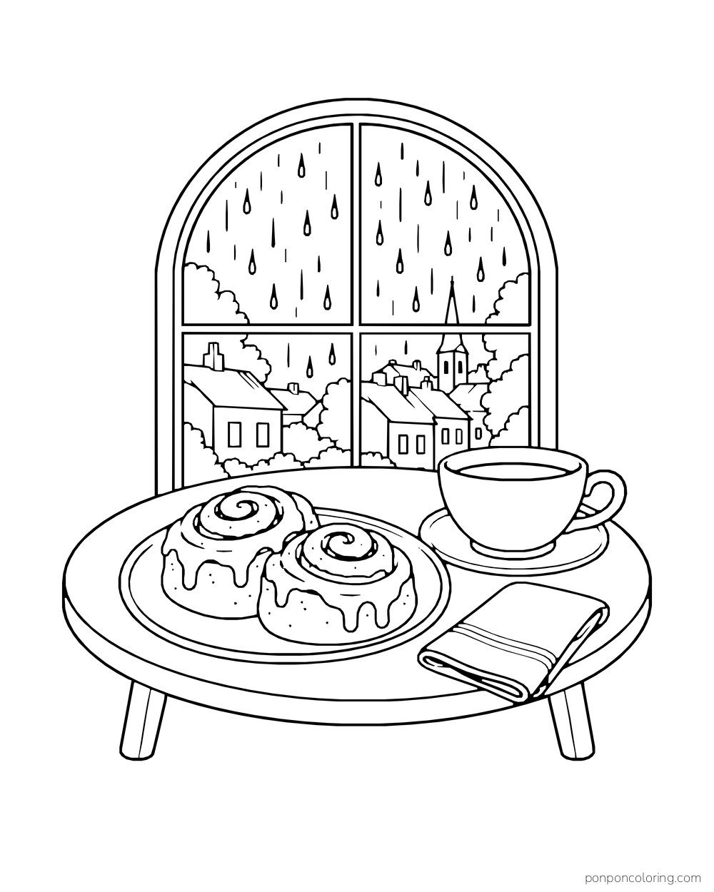 Two cinnamon rolls and a cup rest on a café table beside a rainy arched window.