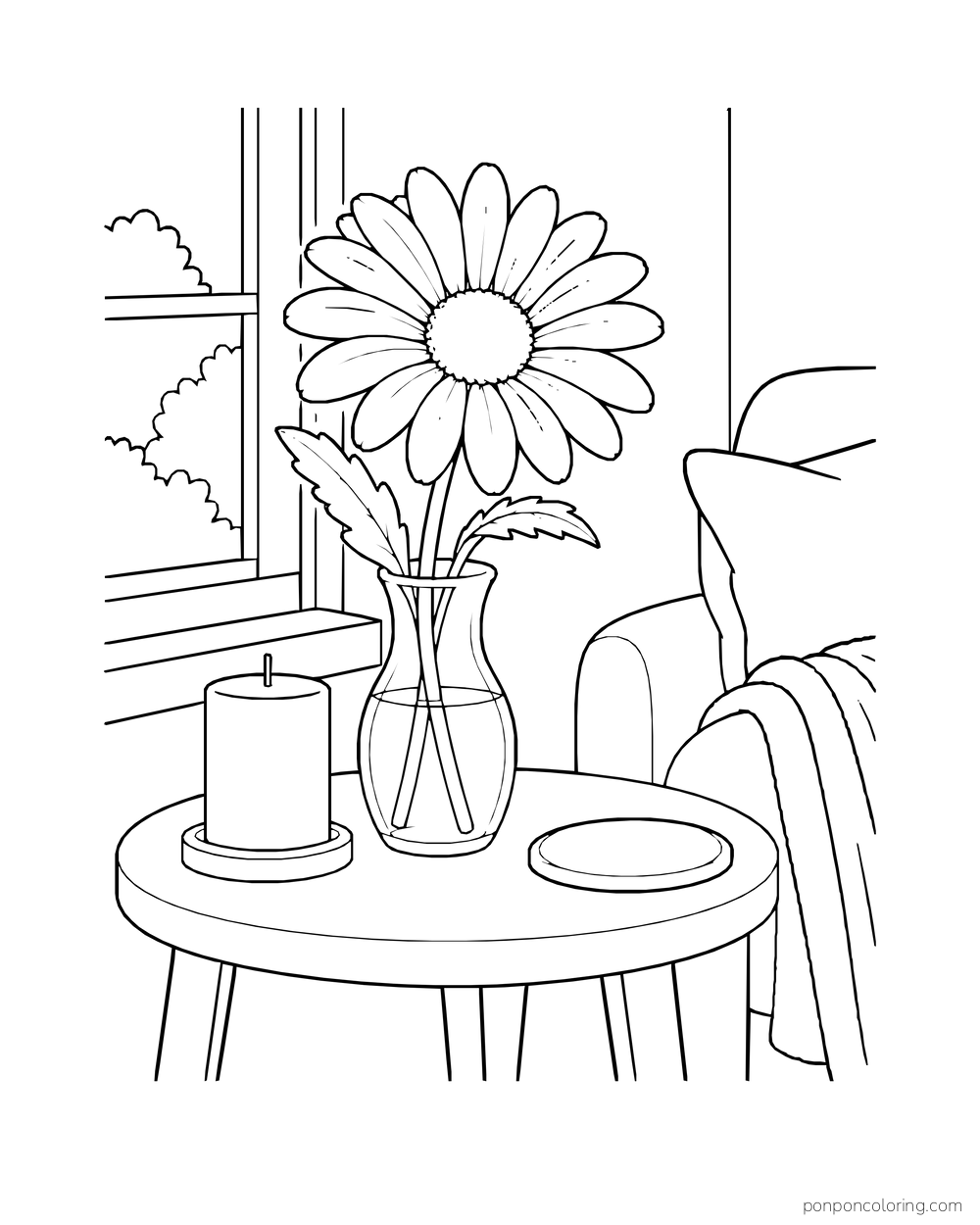One large daisy in a glass vase stands beside an unlit candle on a small round table.