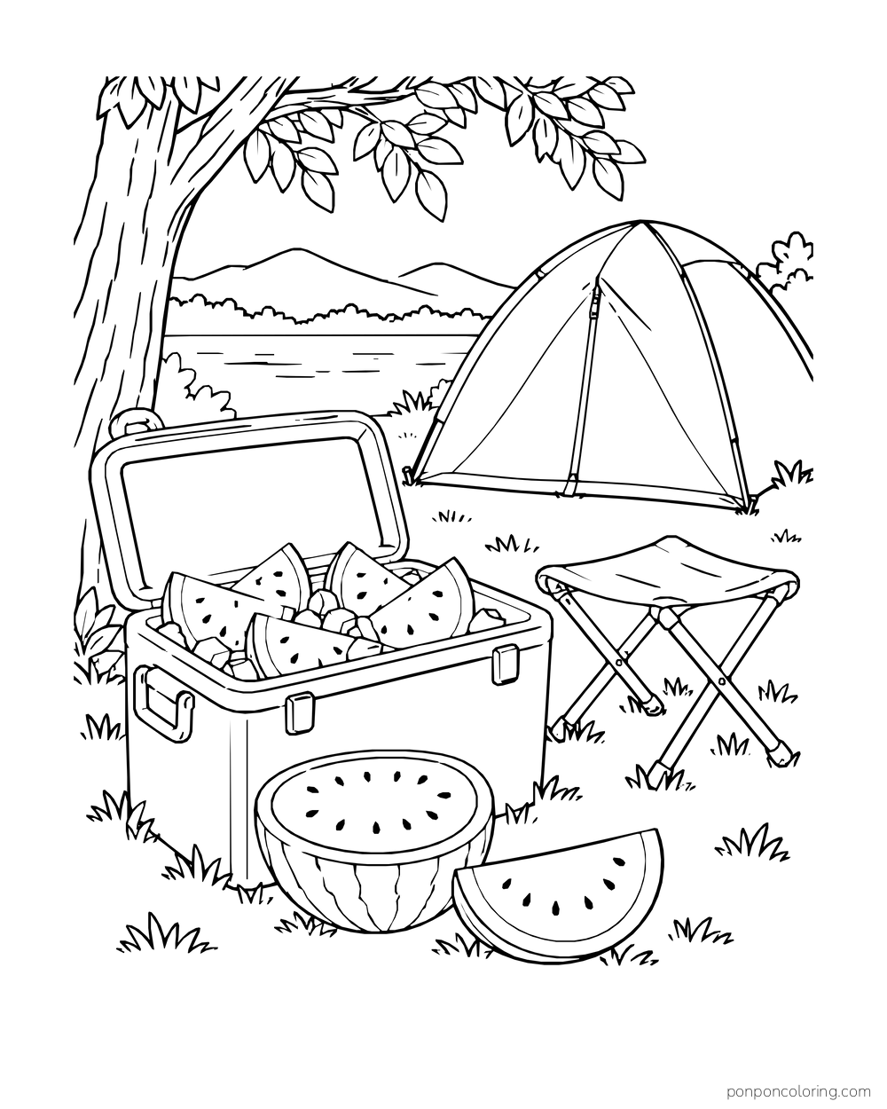 An open cooler of watermelon pieces beside a tent, camp stool, and trees.