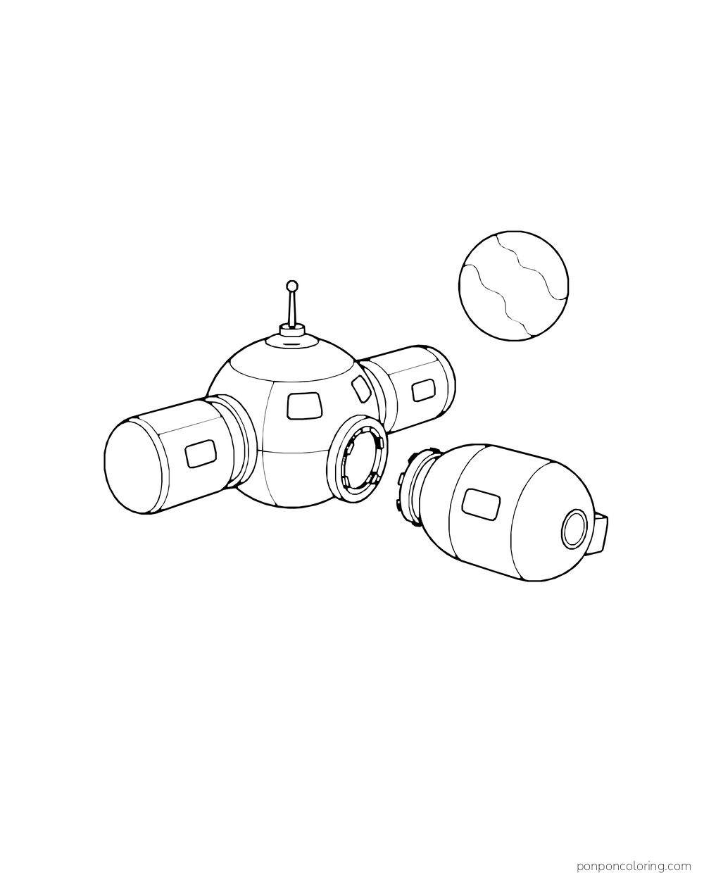 A small cargo pod approaches the round port of an orbital station.