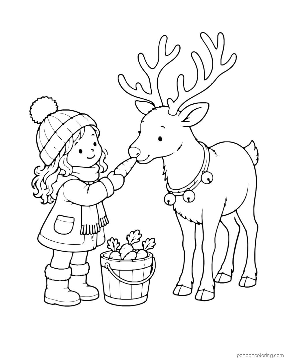 A child in a winter coat feeds a carrot to a reindeer beside a bucket of carrots.