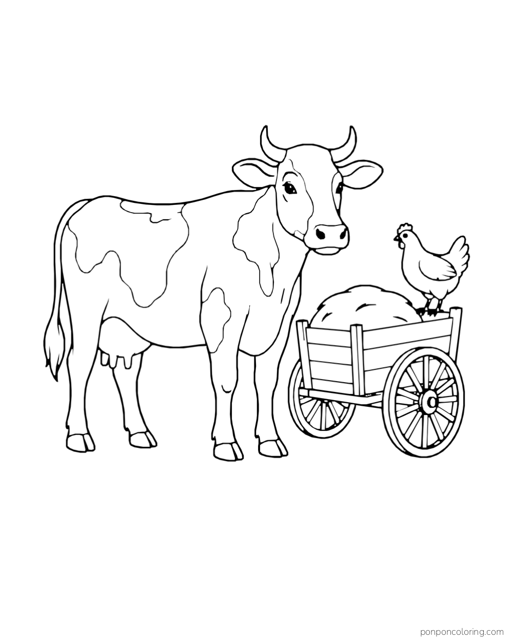 A cow stands beside a two wheeled cart holding a sack while a chicken perches on its edge.
