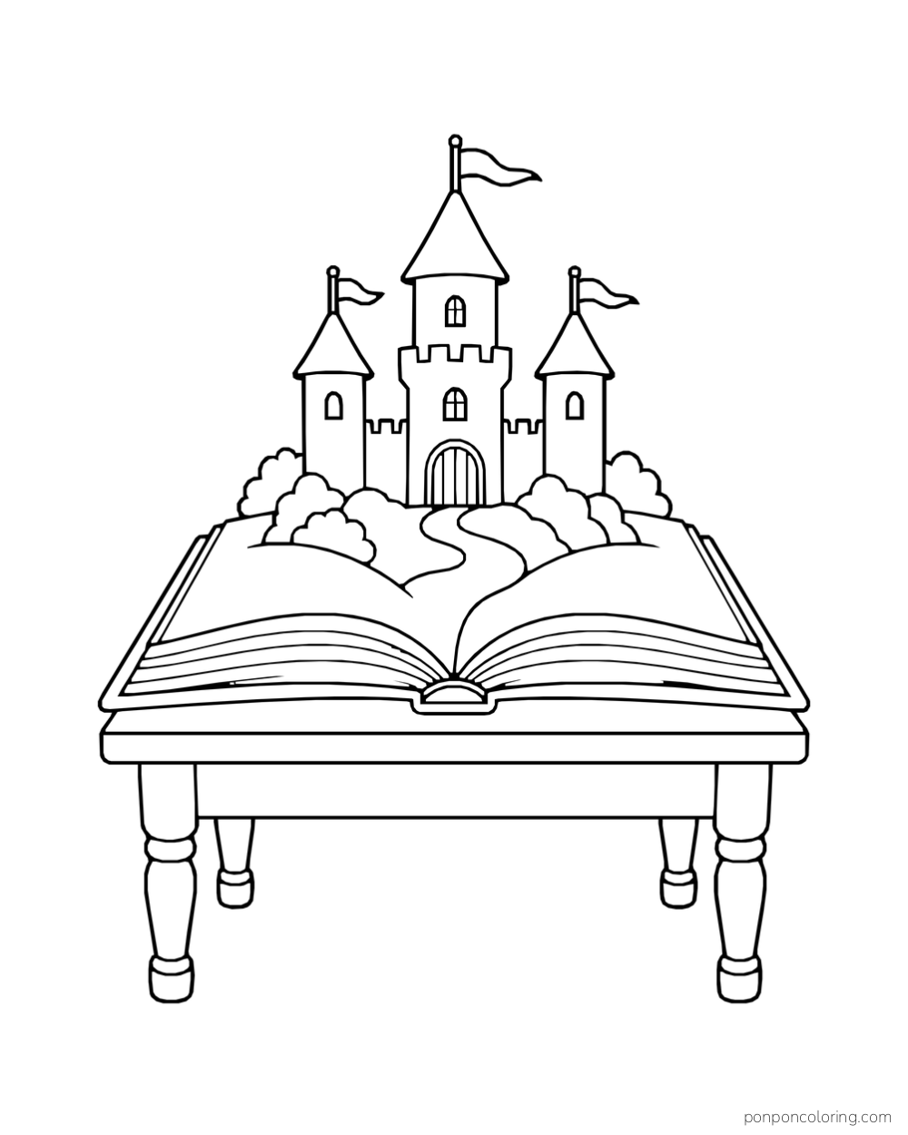 An open book with a little three-tower castle rising from its pages.