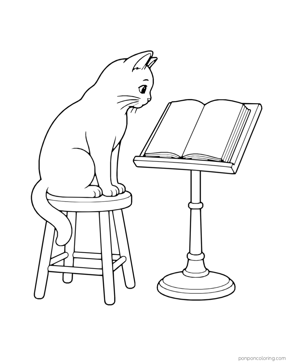 A cat seated on a stool facing an open book on a separate stand.