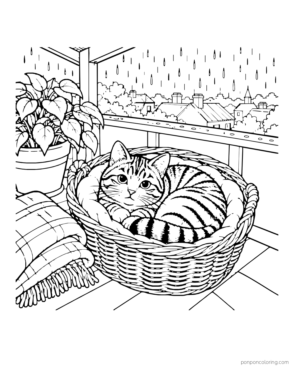 A cat curls in a wicker basket on a covered balcony overlooking the rain.