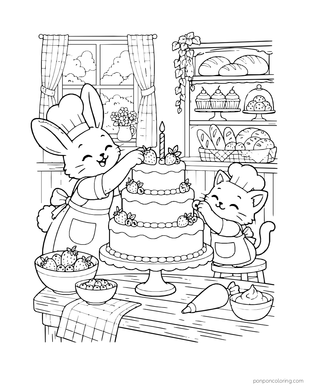 A rabbit baker and kitten decorate a tall celebration cake with a single candle.