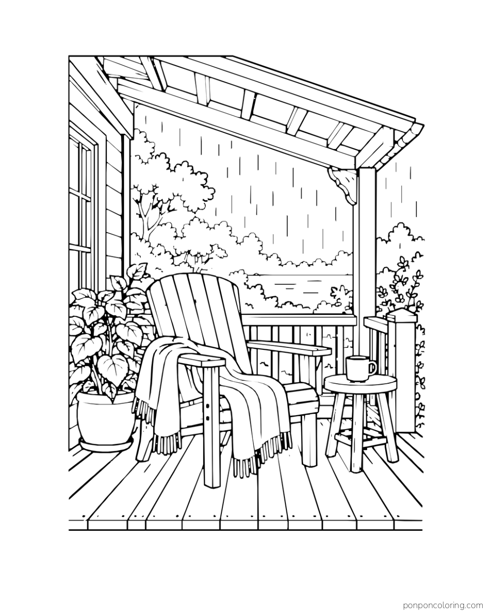 A garden chair with a blanket and mug sits beneath a porch roof facing the rain.