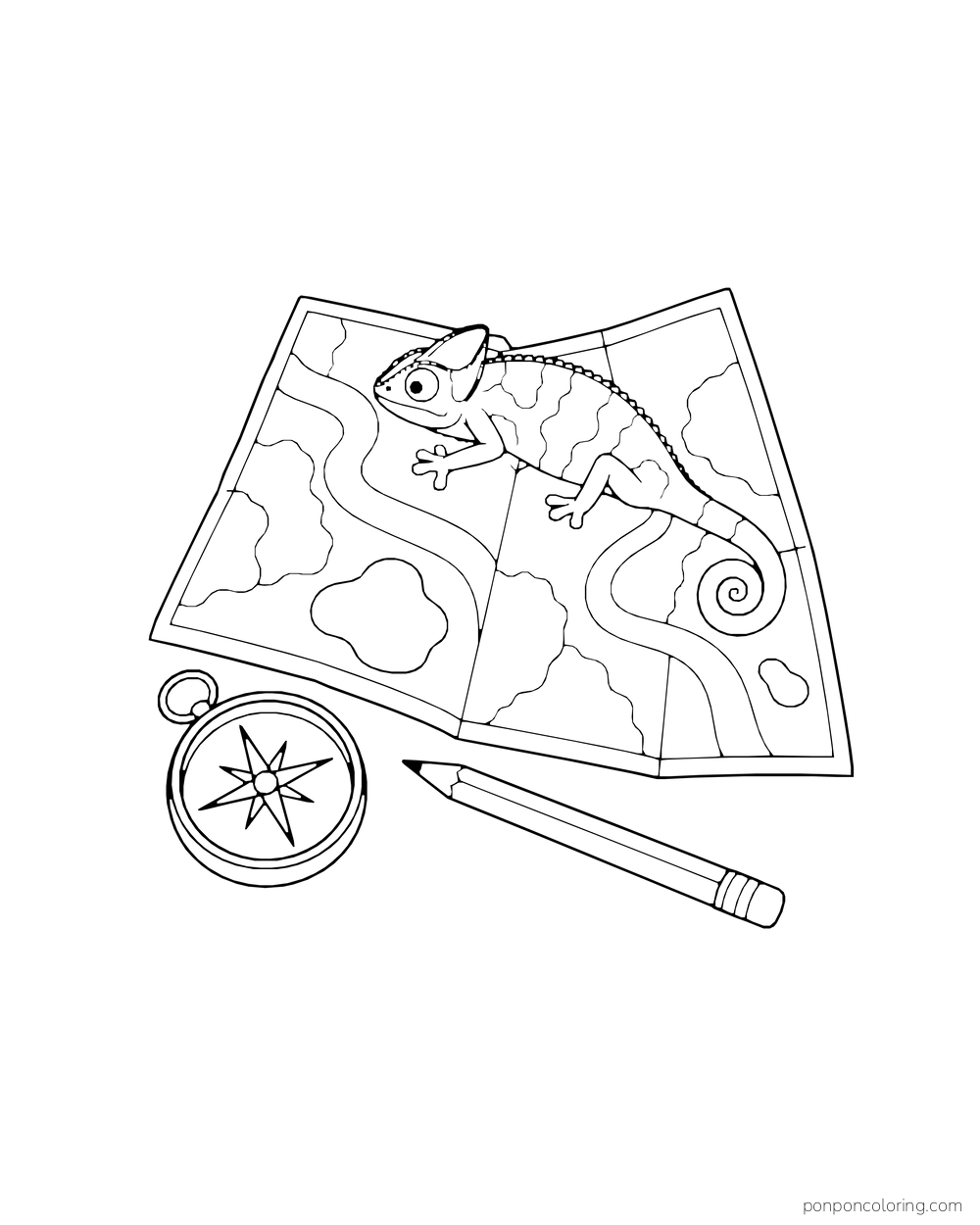 An overhead view of a folded map with a drawing of a chameleon, beside a compass and pencil.