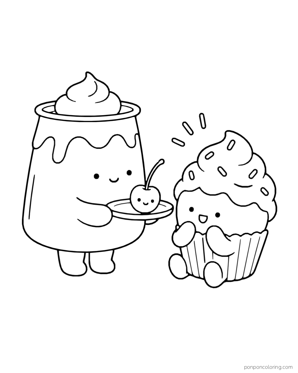 A pudding cup offers a cherry on a saucer to a smiling cupcake.