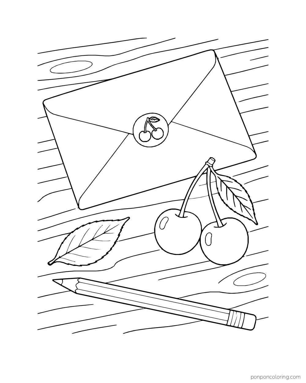 A blank envelope with a cherry seal rests beside a pencil, leaf and fresh cherry pair.