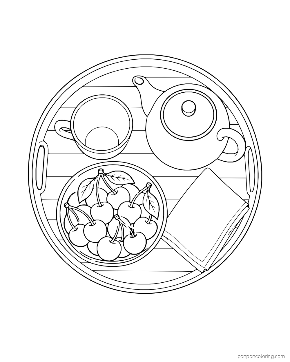 An overhead tea tray holds a teapot, one cup, a bowl of cherries and a folded napkin.