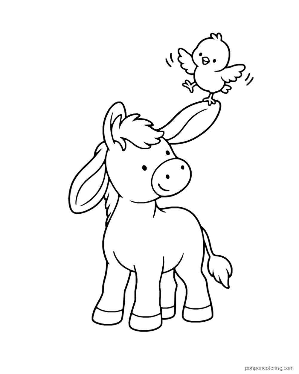 A chick balances on one raised ear of a standing donkey.