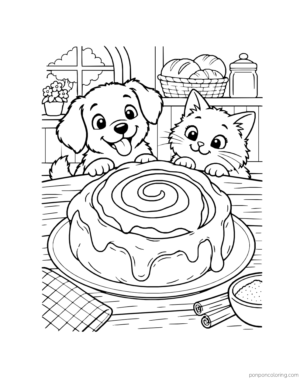 A puppy and kitten peek over an iced cinnamon roll on a plate by a bakery shelf.