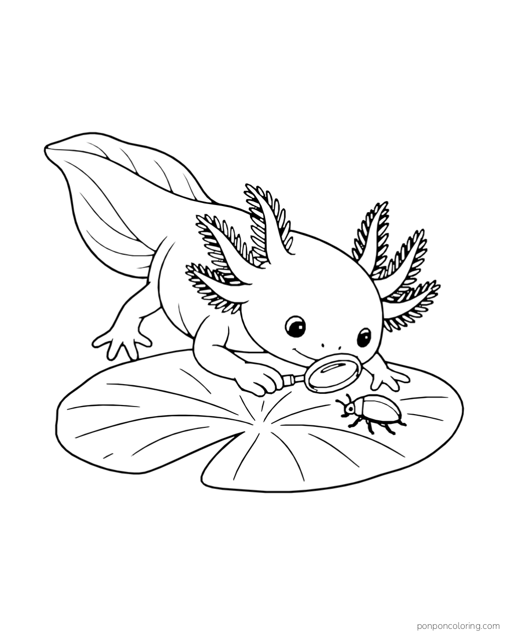 Axolotl leaning over a broad leaf with a magnifying glass aimed at a small beetle.