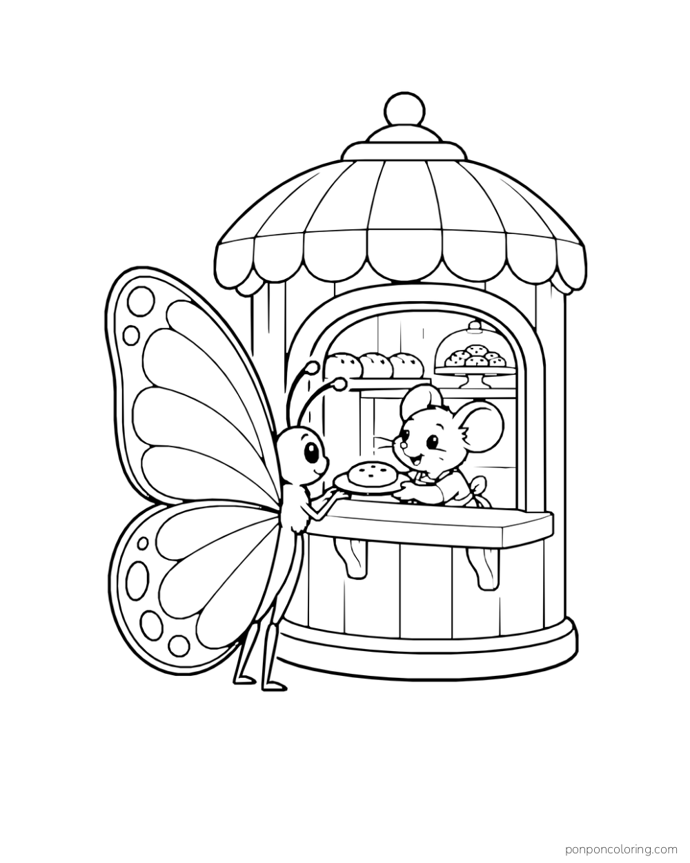 A mouse offers a cookie on a plate to a butterfly at a tiny bakery kiosk.