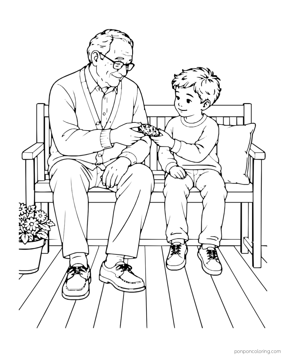 A grandfather and child sit on a bench and pass an oval cookie between them.