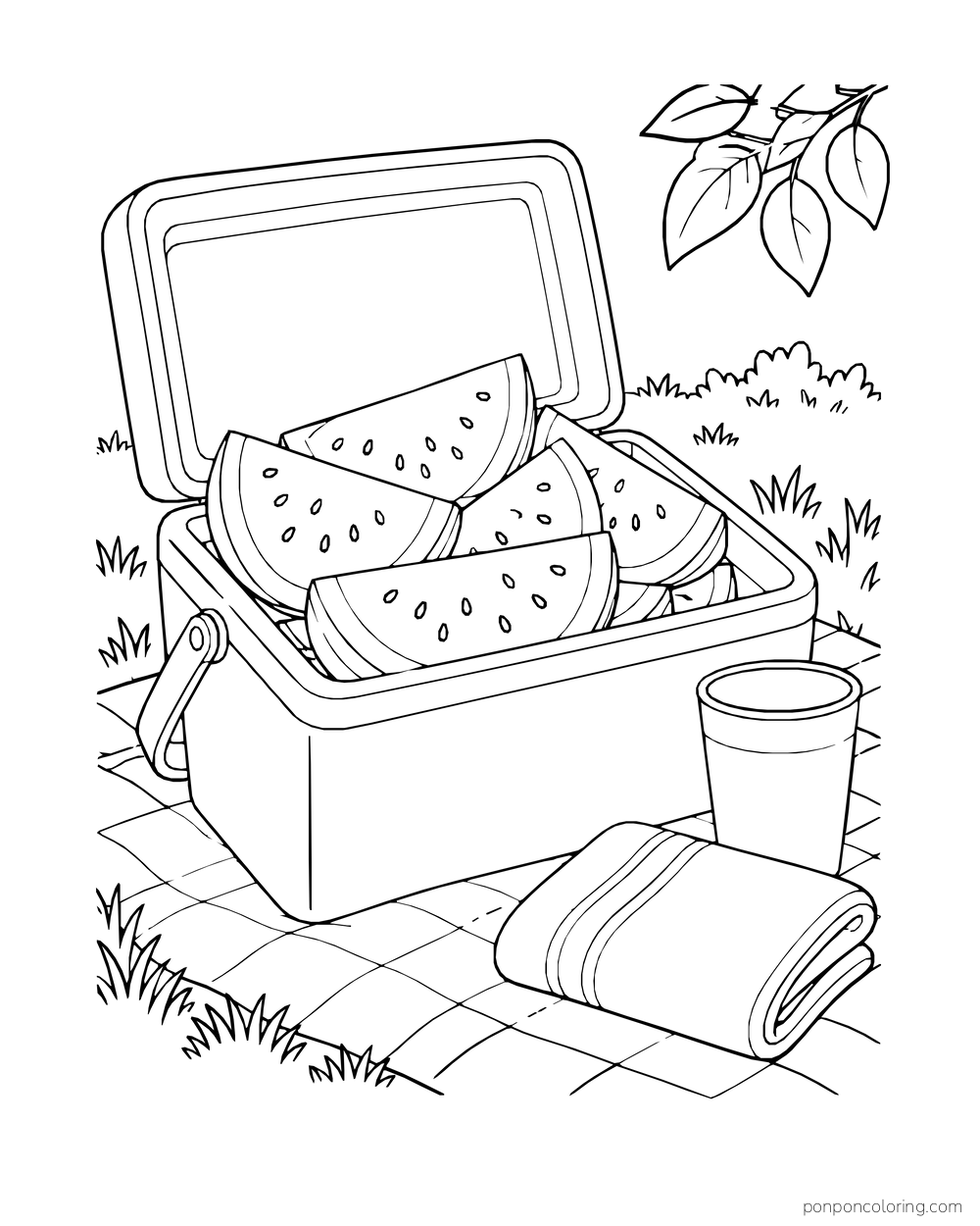 An open cooler stacked with watermelon wedges beside a cup and folded towel.
