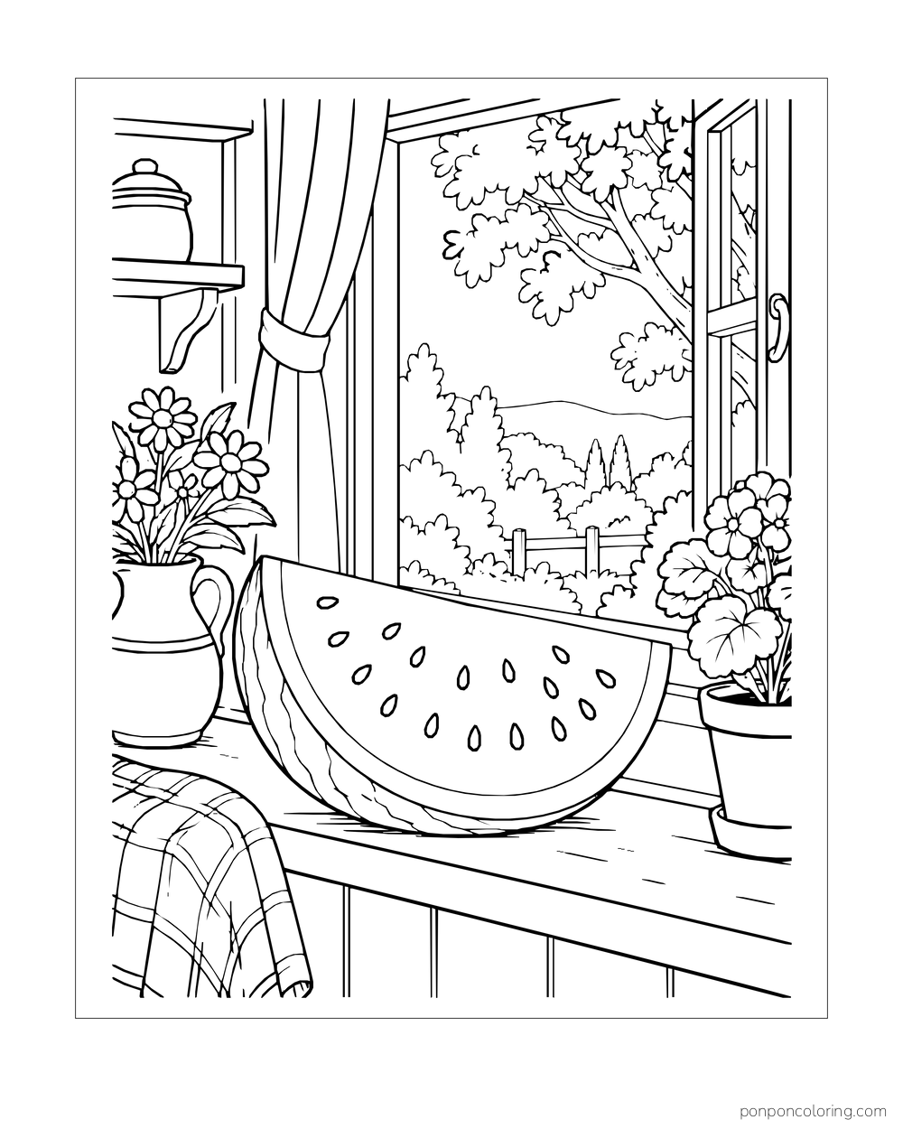 A large watermelon wedge on a cottage windowsill between flower pots and tied curtains.