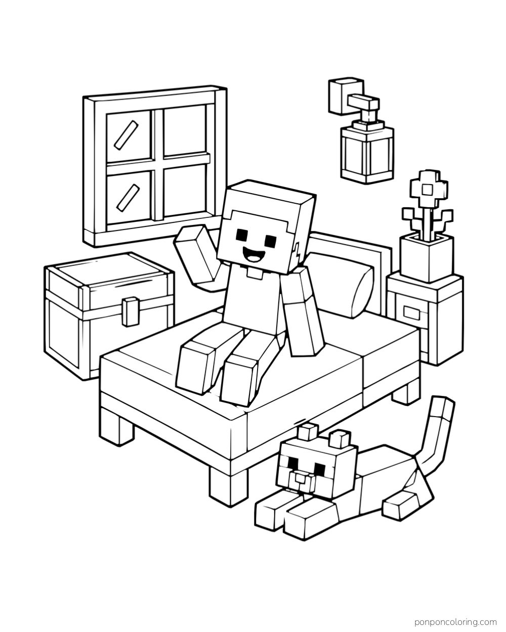 A smiling Minecraft character sits on a bed beside a chest, flowerpot, lantern, and resting cat.