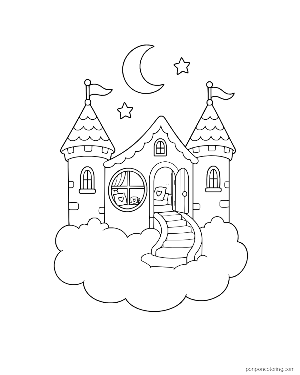 A two-towered castle on a fluffy cloud with curved steps, cushions, a teacup, crescent moon, and two stars.