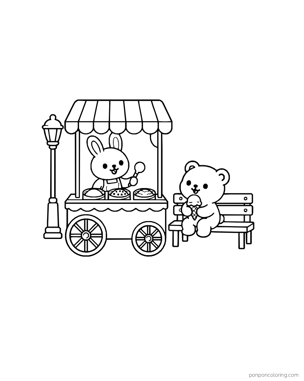 A rabbit serves ice cream from a cart beside a bear holding a cone on a bench and a streetlamp.