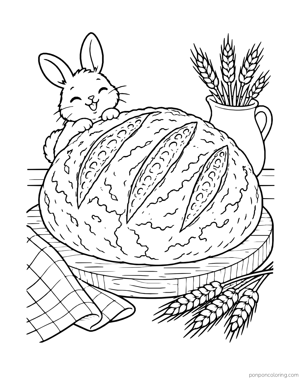 A smiling rabbit peeks over a large scored round loaf on a wooden board beside a jug of wheat.