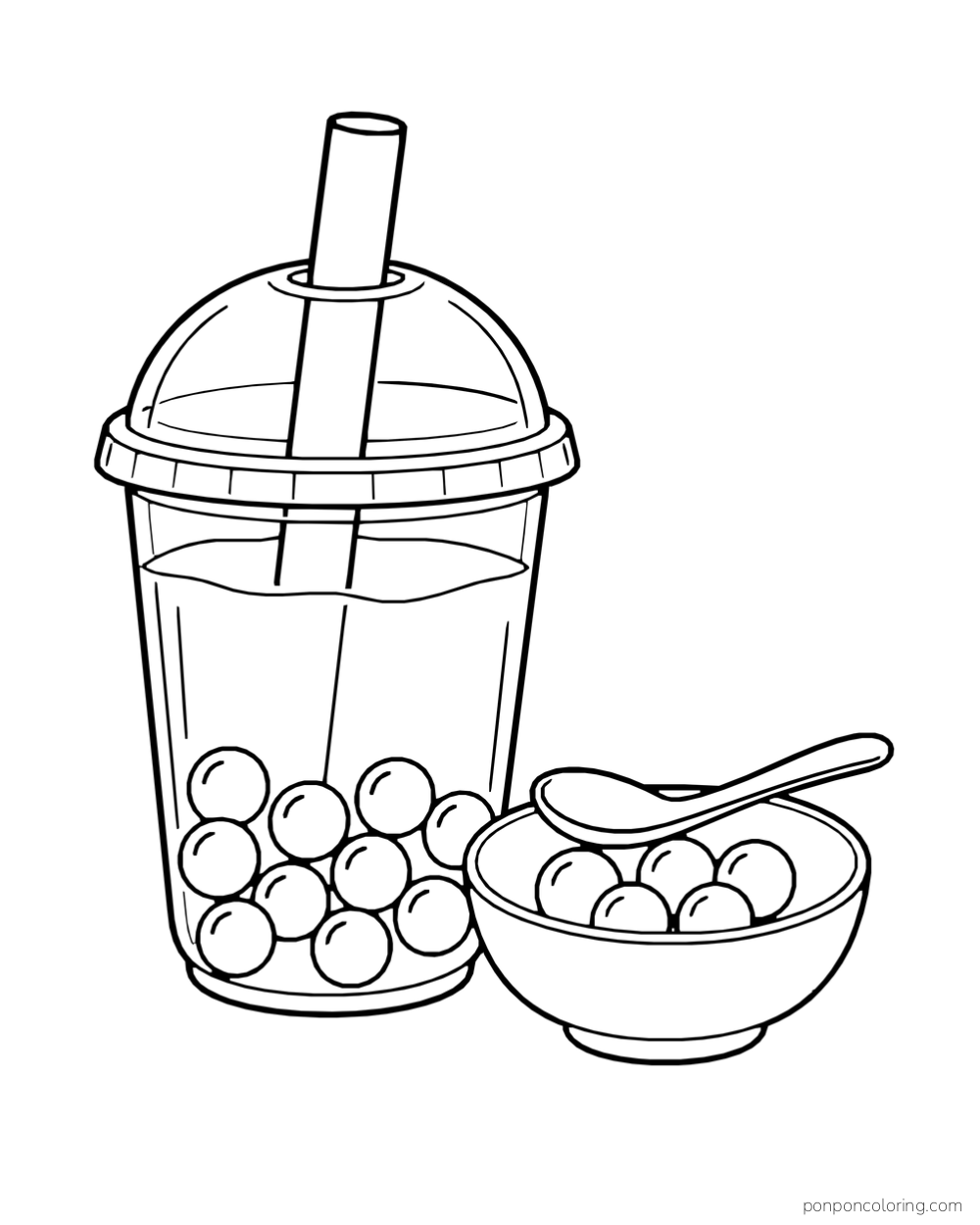 A boba cup stands next to a bowl of pearls and a spoon.