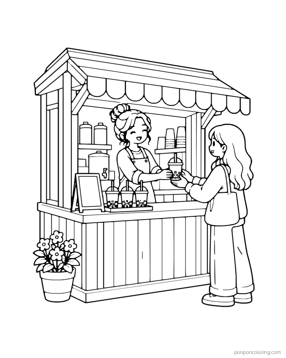 A worker passes a boba cup to a customer at a small outdoor kiosk.