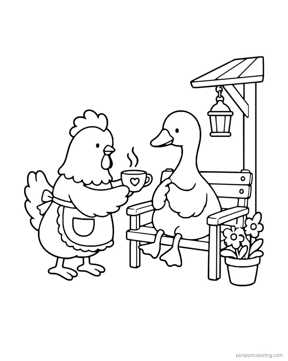 A hen offers a steaming cup to a goose seated beneath a small lantern.