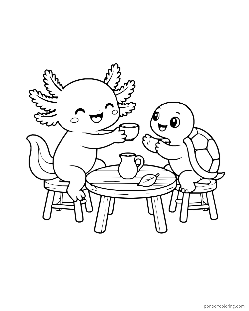 Axolotl offering a cup to a turtle across a low table with a pitcher and leaf.