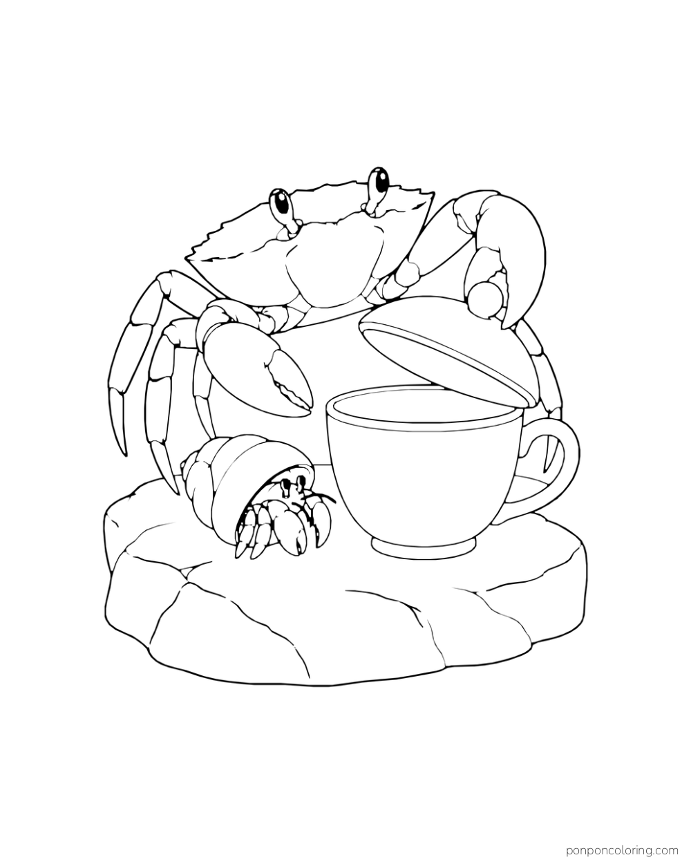 A crab lifts the lid of a cup while a small hermit crab watches from a stone.