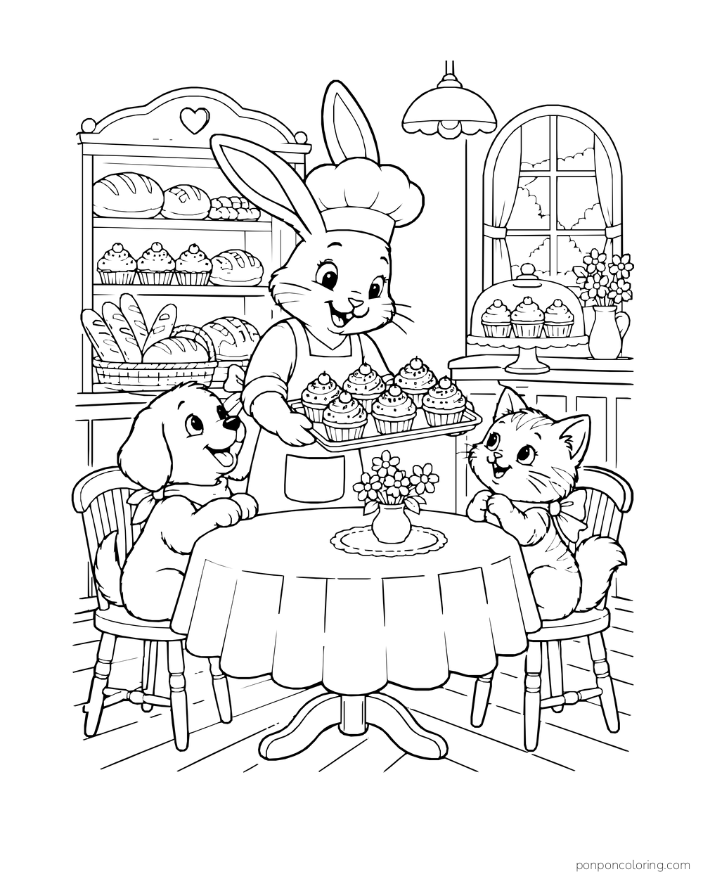 A rabbit baker offers a tray of cupcakes to a puppy and kitten at a table.