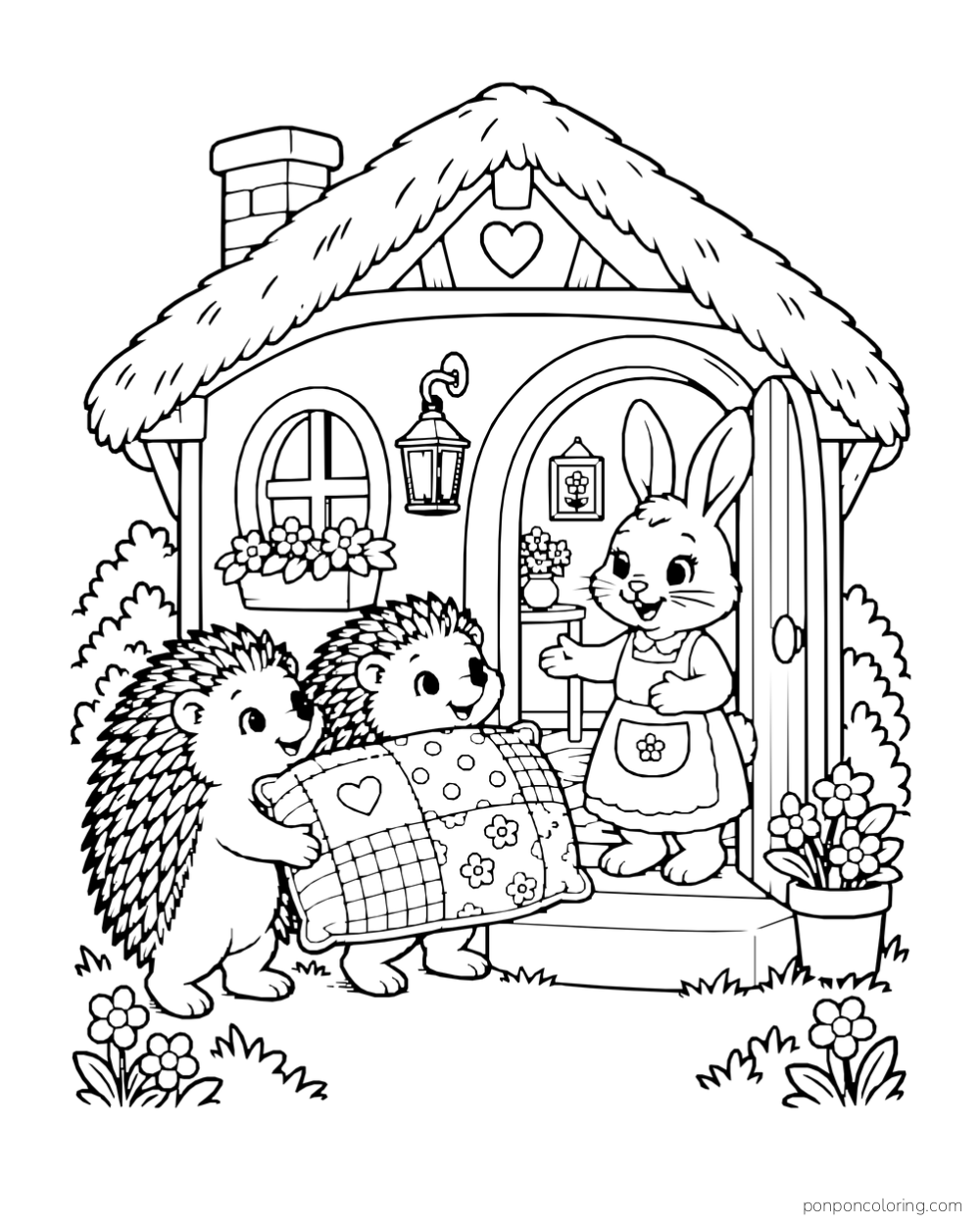 Two hedgehogs bring a patchwork cushion to a rabbit at an open cottage door.