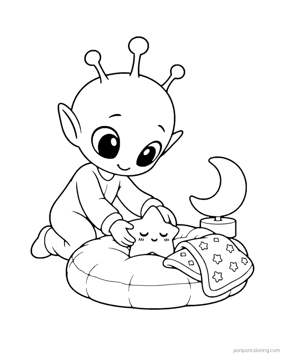 An alien settles a sleepy star onto a cushion beside a moon-shaped lamp.