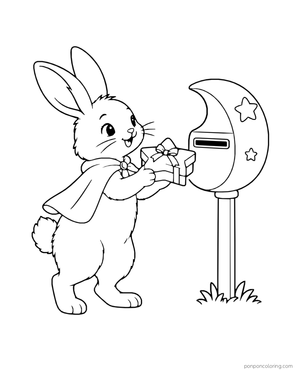 A caped rabbit offers a square parcel to a crescent-shaped mailbox.